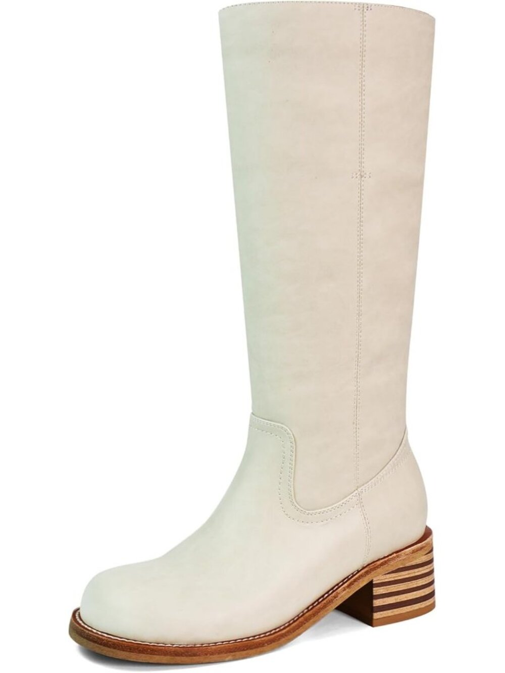 Women's Beige Low Heel Square Toe Solid Chunky Block Heel Long Knee High Boot